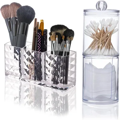 Imagen del producto de Organizador de cosméticos con 3 compartimentos, de plástico, que incluye un recipiente para hisopos con tapa, ideal para el baño
