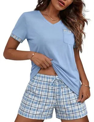 Produktbild von Kurze Damenpyjama mit V-Ausschnitt und Taschen
