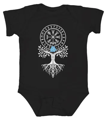 Produktbild von Wikinger Valknut Vegvisir Weltenbaum Yggdrasil Runen Kompass Odin Thor Baby Body, Schwarz, 3/6