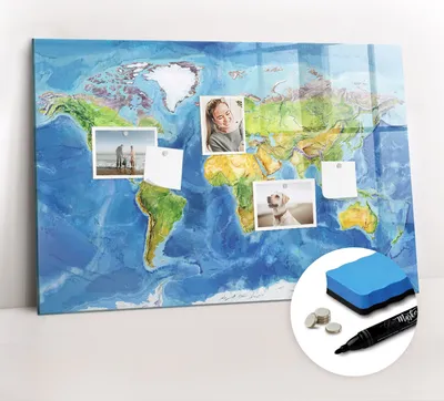 Produktbild von Magnetpinnwand Memoboard - Zubehörsatz - Schwarzer Marker + Schwamm + Magnete - 90 x 60 cm - Weltkarte