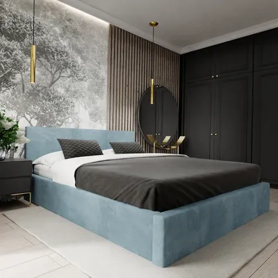 A modern bedroom with a large bed, wardrobe, and decorative elements.