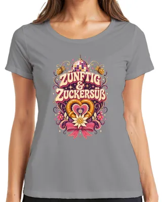 Productafbeelding van Zünftig & Zuckersüß: Volksfeest, Wiesn, Brezel, Feest, Lederbroek, Dirndl, Dames T-shirt, Grijs, Maat L