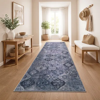 Immagine prodotto di Tappeto da salotto vintage boho moderno a pelo corto lavabile antiscivolo blu dimensioni 80x150 cm