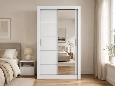 Produktbild von Kleiderschrank OLYO 120 cm Weiß mit Spiegel, Schwebetürenschrank, Schlafzimmerschrank mit 5 Regalböden und 2 Kleiderstangen