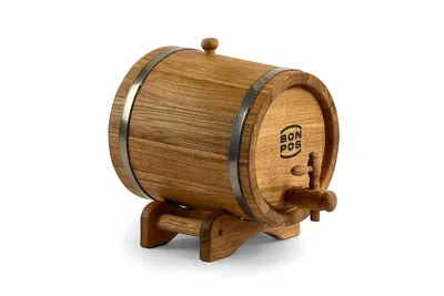 A wooden barrel on a stand, isolated on a white background.