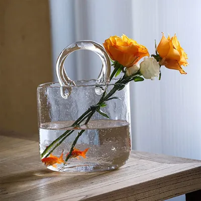 Produktbild von LOZAYI Dekorative Vase Glas Handtasche, Blumentopf, Vase für Blumenarrangements, klare handgefertigte Vase mit Blasenoptik, für Tischaufsteller, Küche, Büro, Wohnzimmer, Weiss