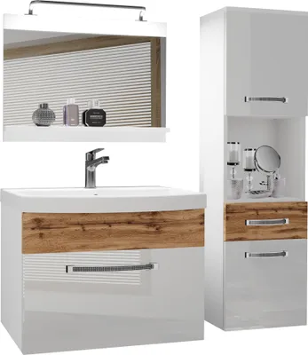 Produktbild von BELINI Badmöbel Vollausstattung Set Waschbeckenschrank, Hochschrank, Waschbecken, Spiegel, Lampe (Weiß / Wotan Eiche, Glänzend und Matt)