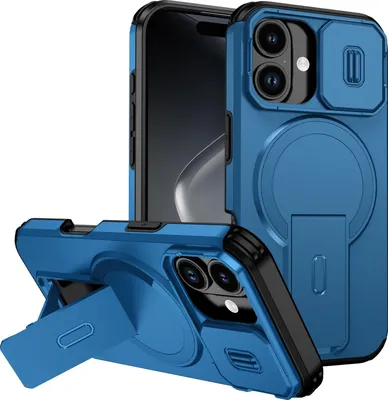 Image de Étui magnétique pour iPhone 17, étui durable à deux couches avec protection coulissante de l'appareil photo et support réglable Bleu