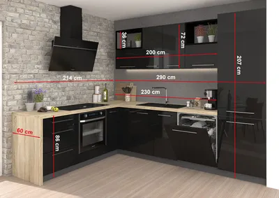 Produktbild von L-Form Küchenzeile ESSEN Arbeitsplatte 214x290cm lava schwarz Acryl Hochglanz HETTICH Vollauszug