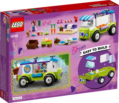 The back of a LEGO Juniors Mia's Foodtruck 10749 box, showing the assembled toy and various accessories, along with building instructions.