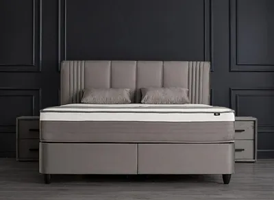 Produktbild von Boxspringbett Belicia 180 x 200 cm mit 2 Nachtkonsolen Grau Voll-orthopädisches Komfortbett mit Bettkasten, Stauraum, inkl. Lieferung und Montage
