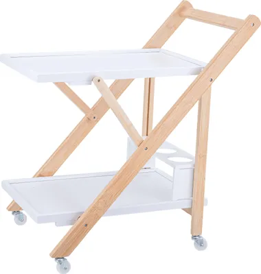 Produktbild von Relaxdays Servierwagen Bambus, Küchenwagen klappbar, Flaschenhalter, Rollwagen 2 Etagen, HBT: 70x44x39,5 cm, weiß-natur