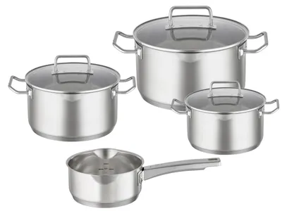 4-teilige Pannenset aus Edelstahl, 3 Töpfe + Stieltopf