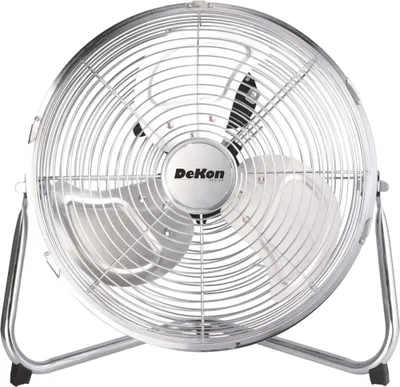 A chrome floor fan is shown from the front on a white background.