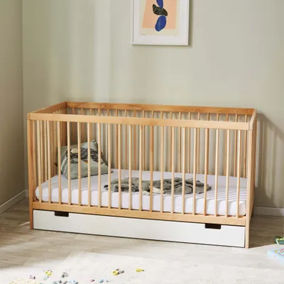 Image de Lit bébé lit d'enfant lit à barreaux 60x120 cm avec tiroir réglable en hauteur & barreaux amovibles | Bois de hêtre naturel très stable  Europe