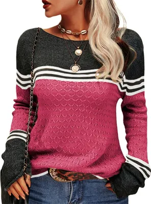 Produktbild von AKSA Damen Strickpullover Pullover Herbst Winter Langer Oversize Pulli Sweater Langarm Duenne Elegant Rundhals Sweatshirt Casual Winterpullover,Rosarot,L