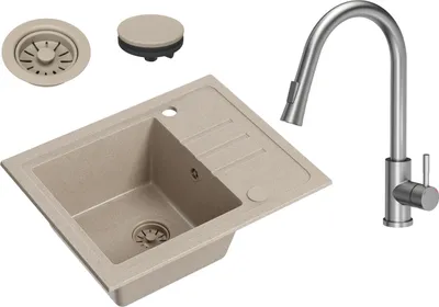 Produktbild von VBChome Spülbecken Granit Beige mit Armatur 55 x 44 cm Einzelbecken Einbauspüle Gesprenkelt Reversibel Granitspüle Beige Siphon Waschbecken Armatur