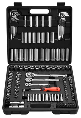 Produktbild von VEVOR Steckschlüsselsatz, 27 Teile, 6,4 mm Antrieb Steckschlüssel und Ratschen Satz, SAE und metrisch, Mechaniker Werkzeugset mit Ratschen-Schlüssel, Verlängerungsstange und Aufbewahrungskoffer, CR-V Legierungsstahl, für Automobilreparatur, 9,5 & 6,4 & 12,7 mm, 149 Stück