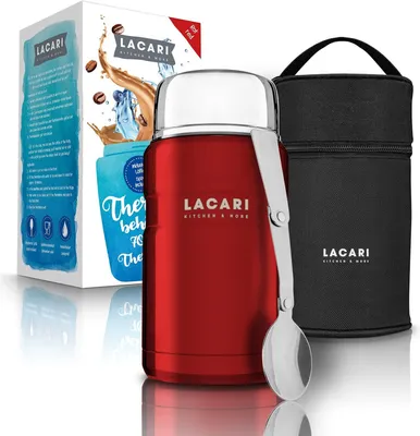 Produktbild von Lacari ® auslaufsicherer Thermobehälter in Rot für Essen und Flüssigkeiten - Gratis Thermotasche - Warmhaltebox mit Löffel - BPA freier Essensbehälter - Isolierbehälter mit 700 ml  ROT