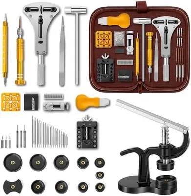 Produktbild von 【Kombinierte Version】Eventronic Uhrenwerkzeug Set + Uhr Presse, Uhrmacherwerkzeug Set, Uhren Einpresswerkzeug, Uhrenwerkzeug Batteriewechsel, Gehäuseschließer Uhr Reparatur Werkzeug inkl. Nylontasche