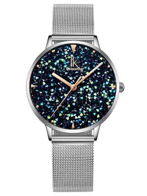 Produktbild von Alienwork Damen-Armbanduhr Quarz silber mit Metall Mesh Armband Edelstahl blau Strass-Steinen Glitzer elegant