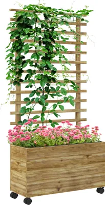 Produktbild von Outsunny Hochbeet Pflanzkasten mit Rankgitter, Rolle, Spalier Pflanzkübel Blumenkasten Holz, Gartenspalier 76x30x155cm für Garten Balkon Terrasse, Blumenkübel für Kletterpflanzen Korbpflanzen, Blumen