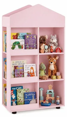Produktbild von KOMFOTTEU Kinderbücherregal in Hausform, 116 cm Kinderregal mit 9 Fächern & Oberfach, Holz Kinderzimmerregal mit Kippschutz, Spielzeugregal für Kinderzimmer & Spielzimmer, 64 x 30 x 116 cm