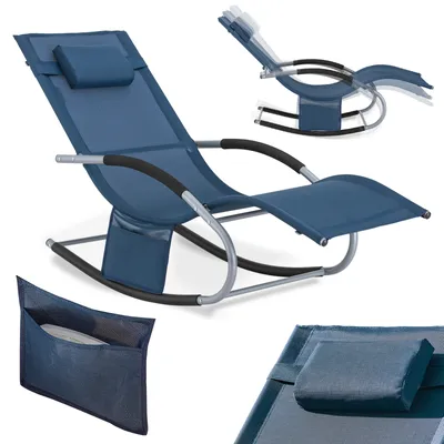 A blue rocking lounge chair with a headrest and a side pocket, shown from multiple angles.