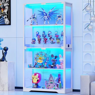 Image de Vitrine avec éclairage LED et portes en verre, vitrine de collection, 4 niveaux, blanc mat, 80 x 35 x 165 cm