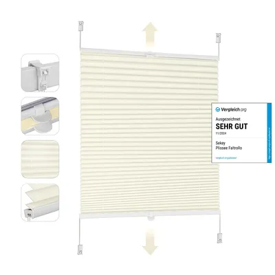 A beige pleated blind (Plissee) shown from the front with close-up insets on the left showing mounting hardware and fabric detail. A review badge is present on the right.