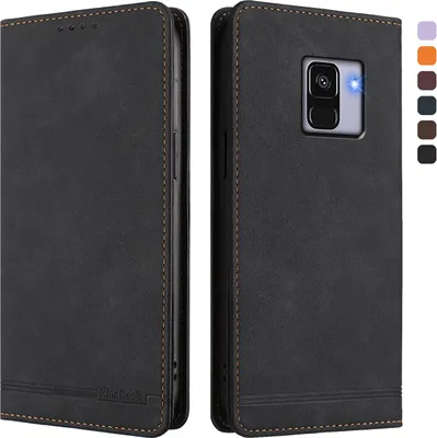 Produktbild von Hülle für Samsung Galaxy A8 2018, Retro Kunstleder Ständer Klapphülle mit Kartenfächer und Magnetische Schwarz