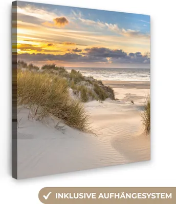 Produktbild von MuchoWow® - Leinwandbilder - Strand - Düne - Gras - Sonnenuntergang - Meer, Wandbild, Wanddeko Bilder Wohnzimmer, 20x20 cm