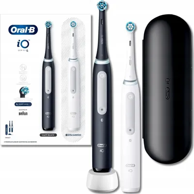Produktbild von Braun iO Series 4 Duo, Erwachsener, Vibrierende Zahnbürste, Tägliche Pflege, Sensibel, Super sensitive, Whitening, Schwarz, Weiß, 2 min, Rund