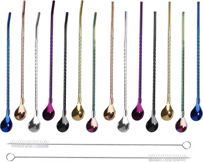 Immagine prodotto di Solidchoice - Cannucce riutilizzabili in acciaio inossidabile con cucchiaini, confezione da 14 pezzi in 7 colori