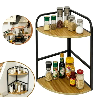 Produktbild von Eck‑Gewürzregal für Die Küchenarbeitsplatte, Dreieckiges Regal aus Holz und Eisen, Desktop‑Organizer für Küche und Bad