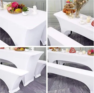 Obrázek produktu pro Sada bílých zahradních stoliček a přehozů na stůl – sada 3 kusů pro zahradní stoly o šířce 70 cm – 220 x 70 x 70 cm – sada zahradního nábytku s lavičkou