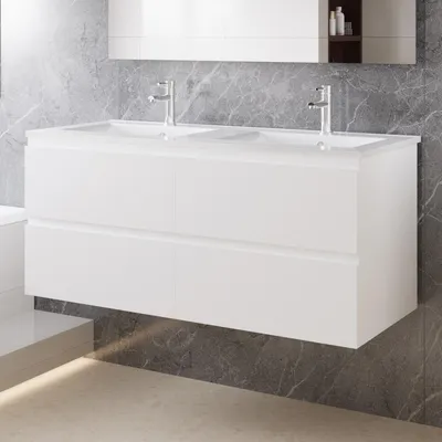Produktbild von 120 cm Badmöbel-Set Unterschrank mit dünn Keramik waschtisch 2 Schubladen soft-close Weiß Matt Selbstmontierter