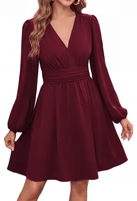 Produktbild von Kate Kasin Damen V Ausschnitt Langarm Wickelkleid mit Taschen Rotwein L