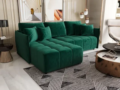 A modern living room scene featuring a green sectional sofa.