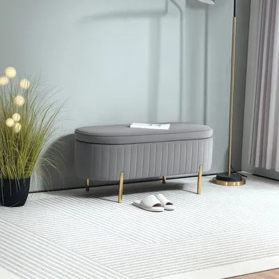 Produktbild von Ovale Sitzbank mit 72 L Stauraum und Klappdeckel, Samtbezug, 108x44x43,5 cm, Grau