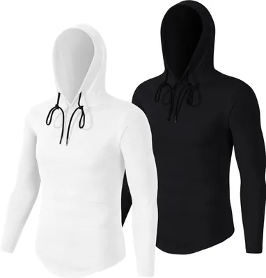 Produktbild von 2pcs Herren Laufshirt Langarm Funktionsshirt Kapuze Gym Sportshirt Atmungsaktiv T-Shites Schwarz -weiß S