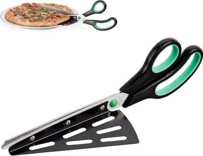 Produktbild von MODFU Pizzaschere, Pizzaschneider mit Scharfer Edelstahlklinge in Lebensmittelqualität und Griff mit Weichem Griff, Multifunktionale Küchenschere, 27CM, Schwarz/Grün