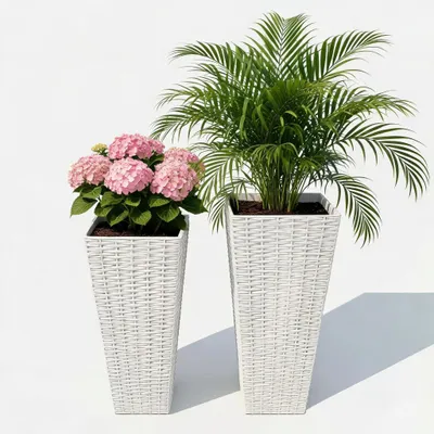 Produktbild von Set mit 2 hohen Pflanzkübeln - Outdoor Blumentöpfe in Rattanoptik - ABS Kunststoff - 60 cm & 81 cm - Wetterfest - Herausnehmbare Einsätze mit Ablaufloch