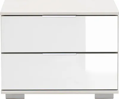 Produktbild von Schlafzimmer Nachttisch Nachtschrank in weiß mit weißem Glas ELSTRA-43, B/H/T ca. 52/40/38 cm
