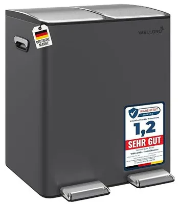 Imagen del producto de Cubo de basura para cocina de 30 litros – Cubo de basura con pedal de acero inoxidable, de color gris, con capacidad de 2 x 15 litros, con tapa de cierre suave, sistema de separación de residuos con 2 compartimentos y cubetas interiores de plástico