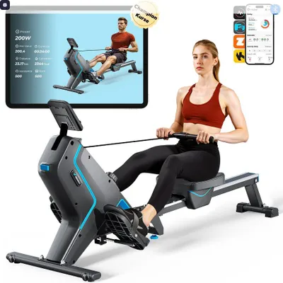 Produktbild von MERACH klappbares Rudergerät – leise Magnetbremse, 16 Stufen, LCD-Display & Tablet-Halter, Kinomap-App, gepolsterter Sitz, Ganzkörper-Workout