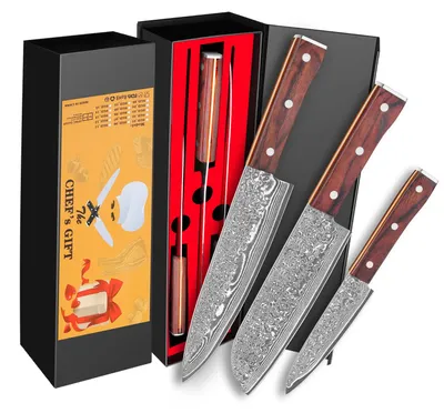 Obrázek produktu pro Profesionální sada kuchyňských nožů – 3 kusy – kuchařský nůž, nůž Santoku a univerzální nůž – damašková ocel – ostré čepele – dřevěné rukojeti – dárková krabička