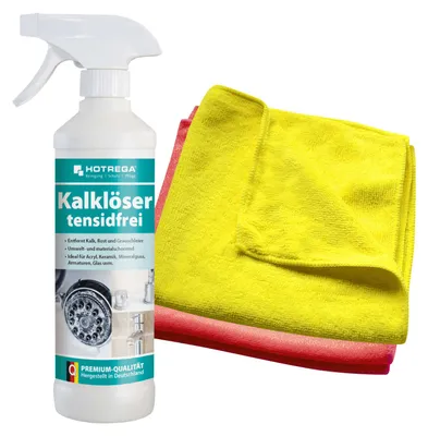 Produktbild von HOTREGA Kalklöser tensidfrei 2x 500 ml inkl. 2x Microfasertuch Micro Top, Entkalker, Badreiniger, Kalksteinentferner, Kalkreiniger