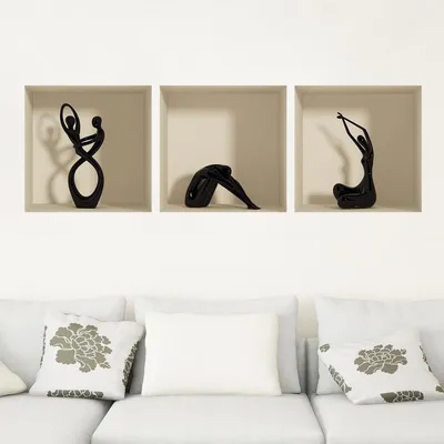 Image de Autocollants muraux 3D, stickers muraux à effet 3D, statues noires – autocollants 3D pour la chambre et le salon, trompe-l'œil – 30 x 90 cm