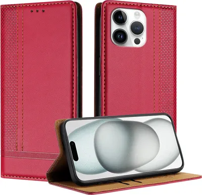 Produktbild von Handyhülle für iPhone 14 Pro Max Leder Flip Klappbare Schutzhülle mit Standfunktion Rot